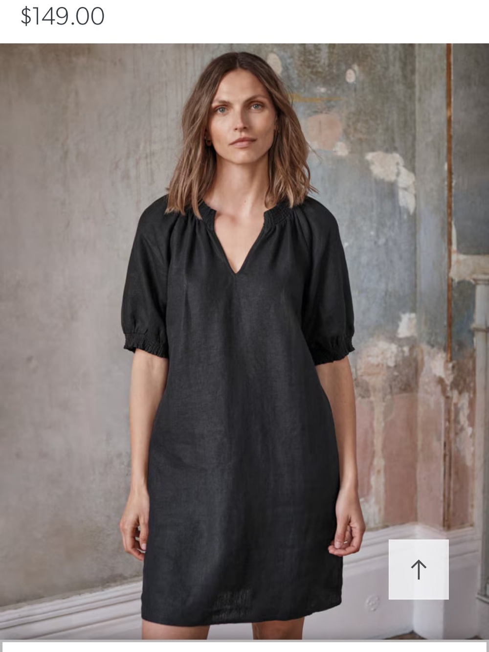 Garnet Hill Linen Amelia Black V-Neck Short Sleeve Shift Dress